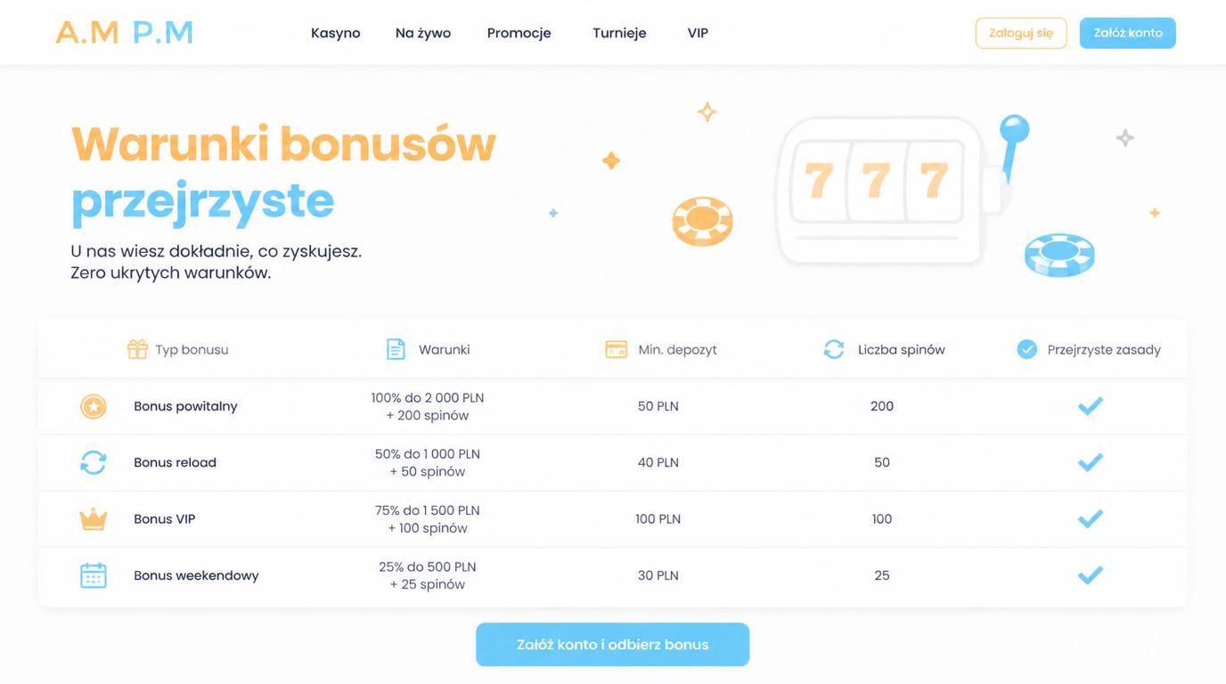 Tabela warunków bonusów pokazująca wartości i haczyki