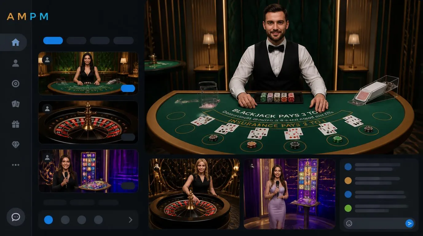 Krupier przy stole do blackjacka i ekran z transmisją ruletki w lobby kasyna na żywo
