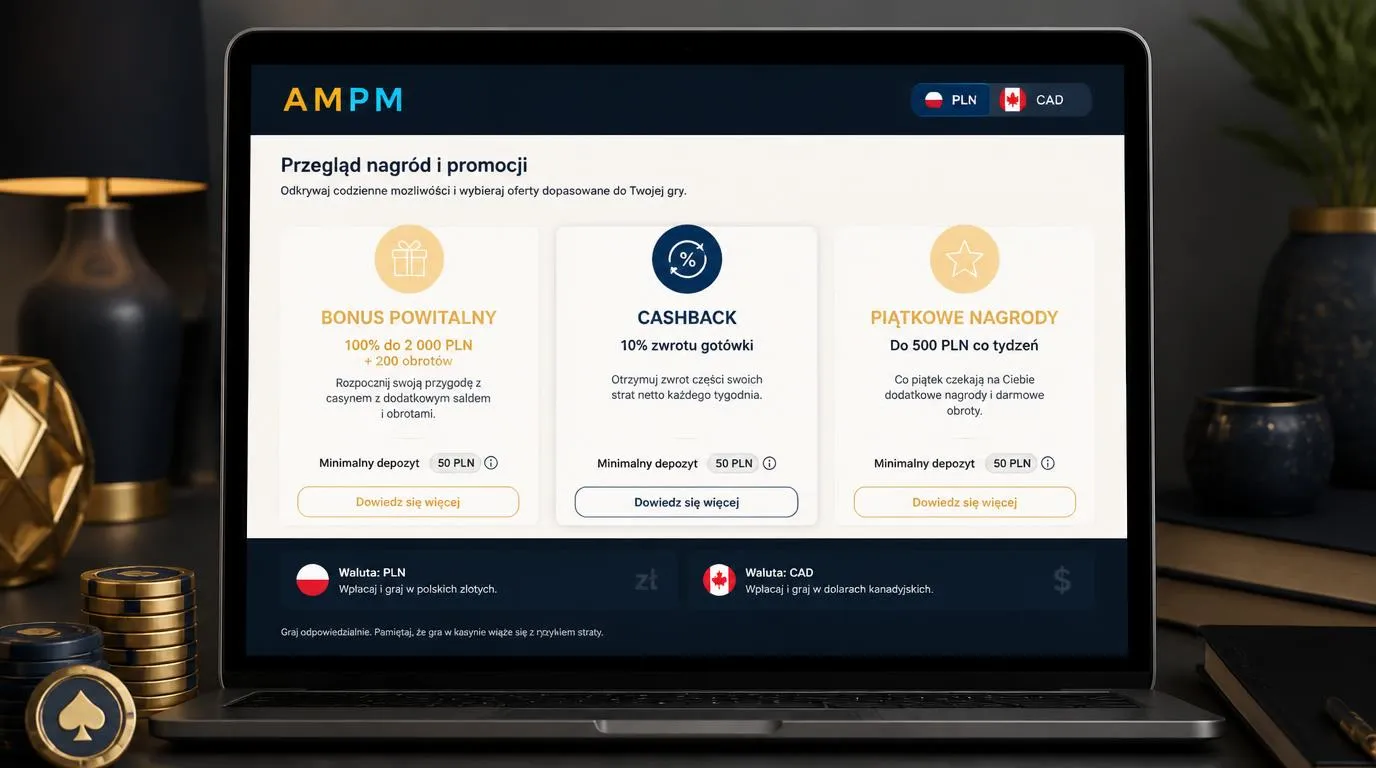 Ekran ofert kasyna z bonusem powitalnym, cashbackiem i piątkowymi nagrodami