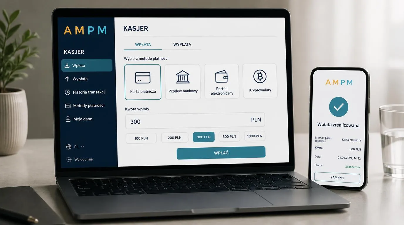 Ekran kasy z wyborem karty, przelewu, portfela elektronicznego i kryptowaluty oraz kwotą w PLN