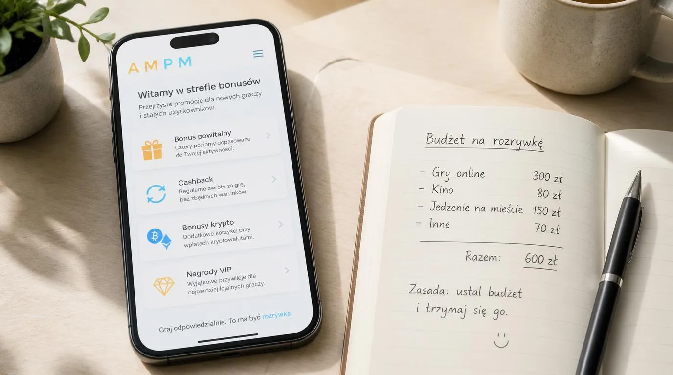 Ekran z czterema rodzajami promocji kasynowych obok notesu z zaplanowanym budżetem na rozrywkę